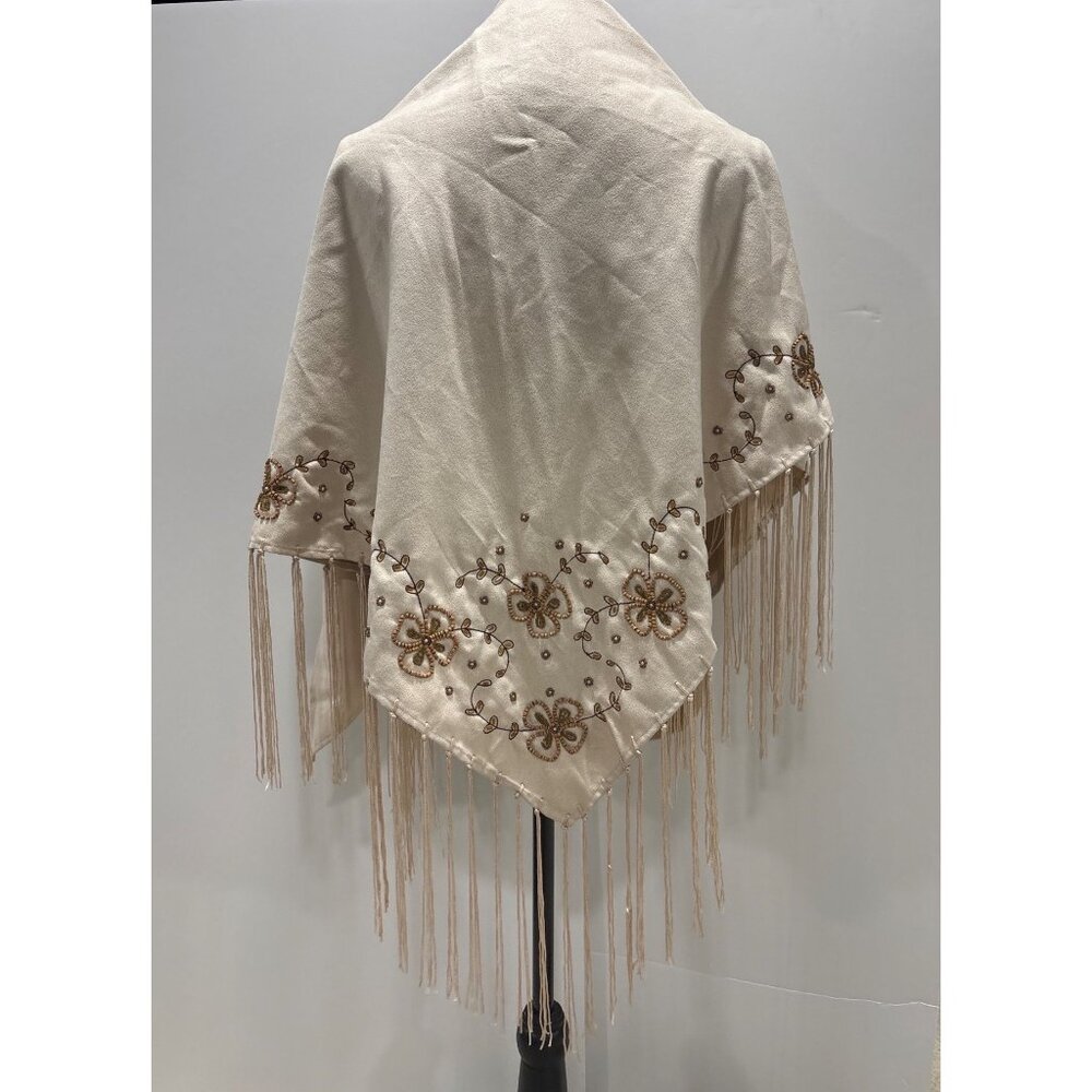 Vintage Beige Silky Feel Shawl With Floral Beaded Embroidery & Fringe Detailing - Picture 2 of 7